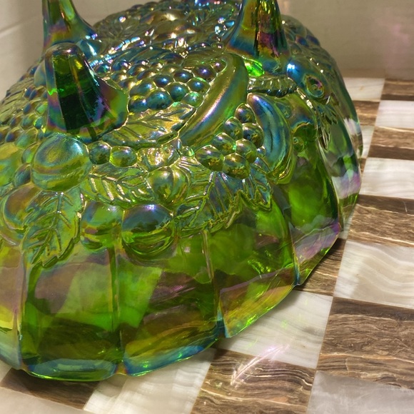 Vintage 1970s Indiana Harvest Iridescent Green Carnival Glass Oval Center Bowl - Picture 7 of 12